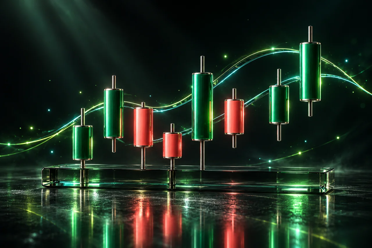 Candlestick metal hijau dan coral dengan jalur cahaya dalam ruang digital gelap.