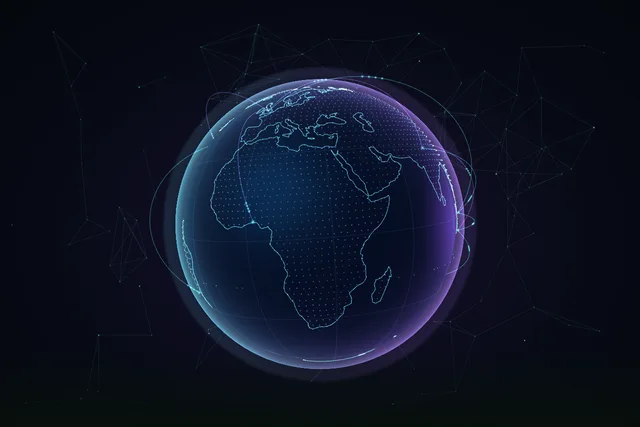 Globe digital dengan garis benua, cahaya violet dan cyan, serta koneksi jaringan Web3.